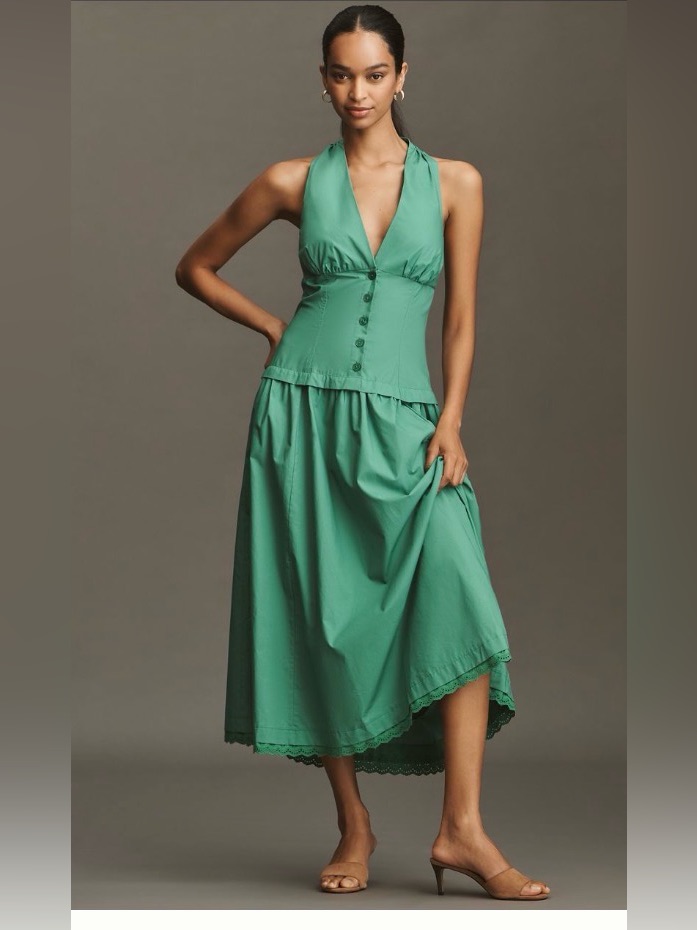 Maeve Clover Halter V Neck Drop-Waste Button-Front Midi Dress